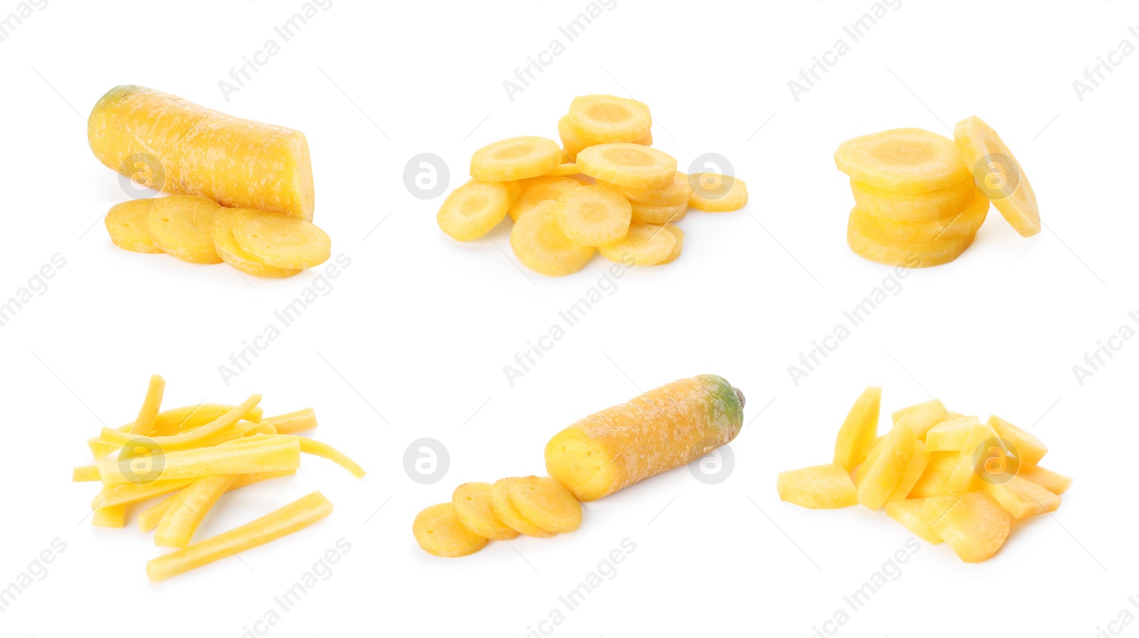 Image of Set of cut yellow carrots on white background, banner design 