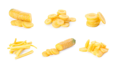 Set of cut yellow carrots on white background, banner design 