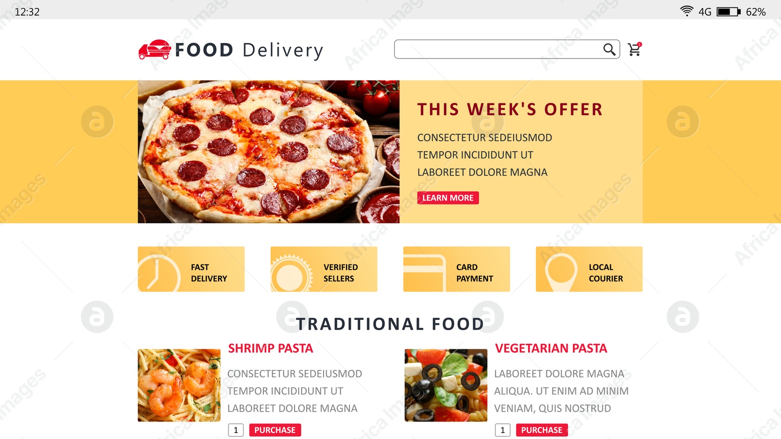 Image of Food delivery app. Display with appetizing menu