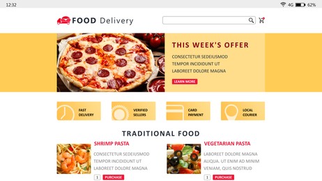 Food delivery app. Display with appetizing menu