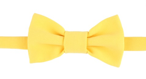 Photo of Stylish yellow bow tie isolated on white