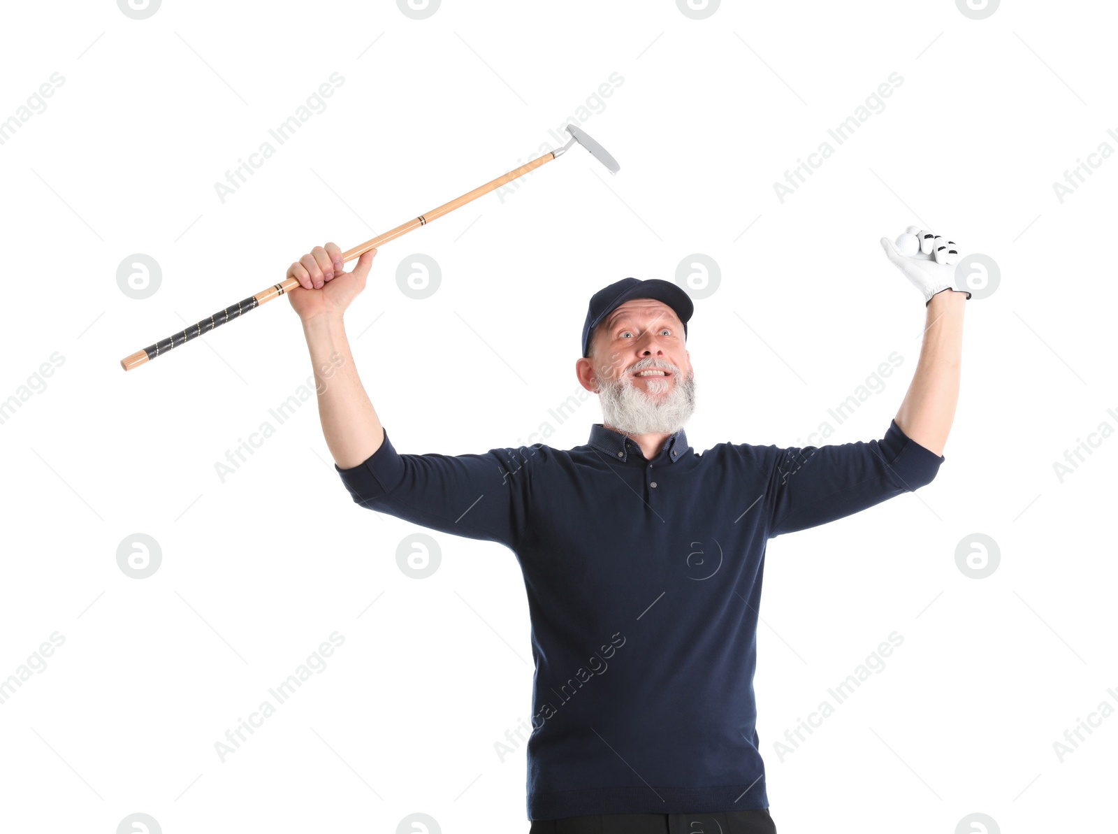 Photo of Senior man with golf club on white background