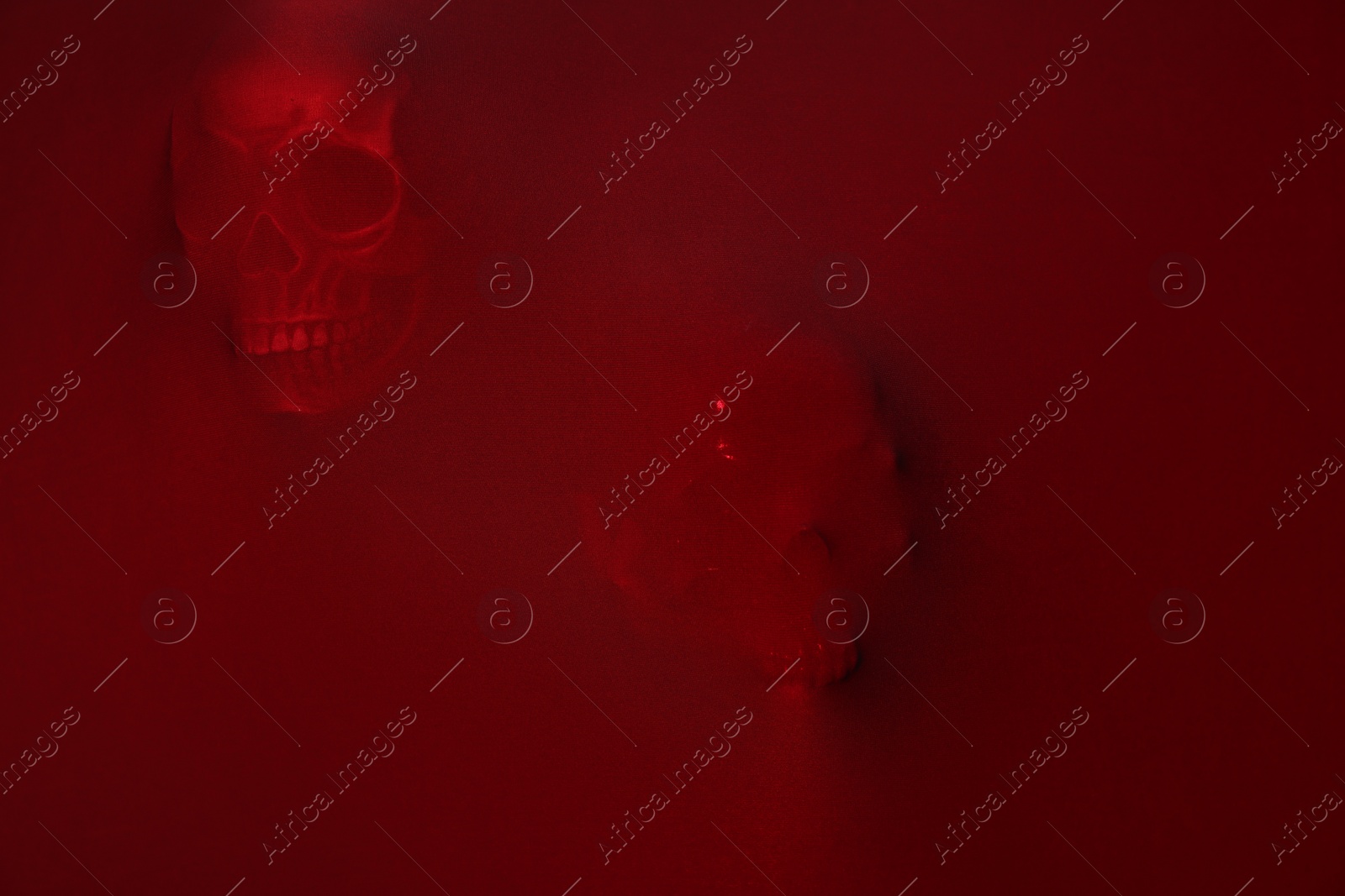Photo of Silhouette of creepy ghost with skulls behind red cloth