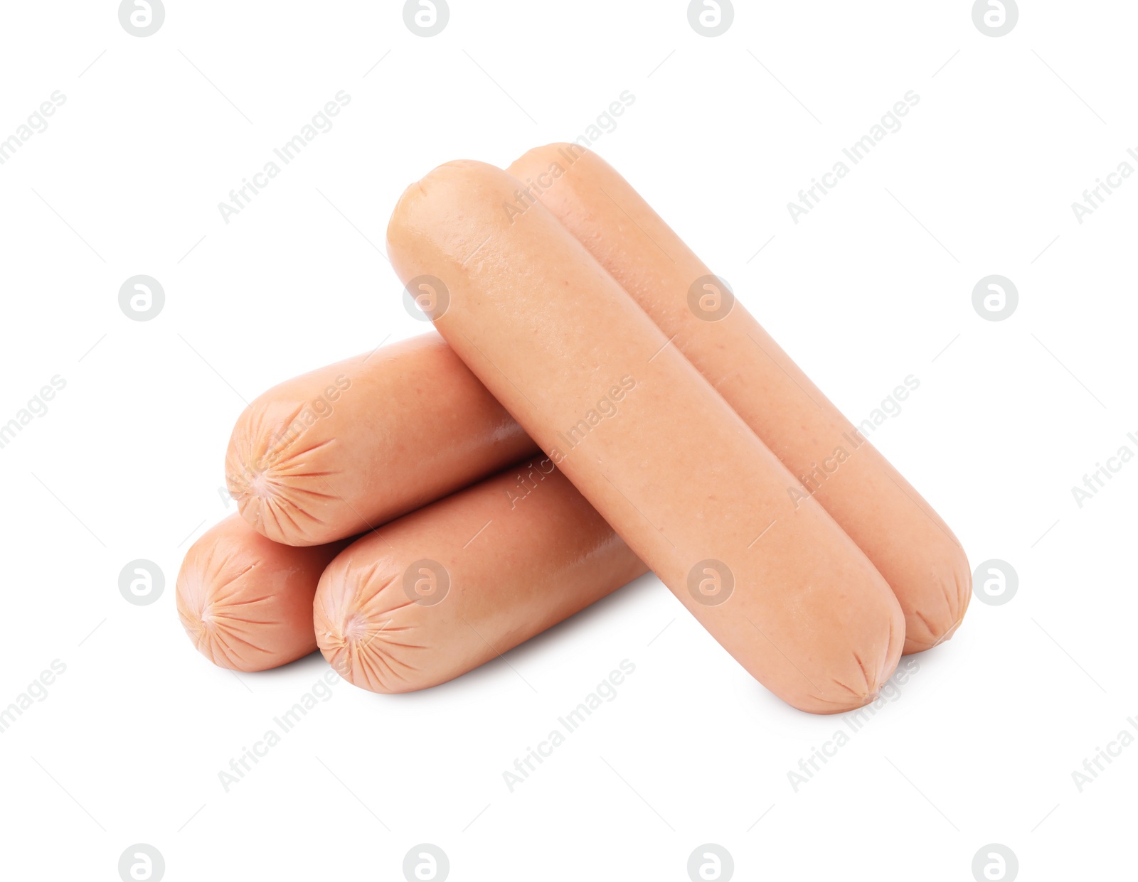 Photo of Many delicious boiled sausages on white background