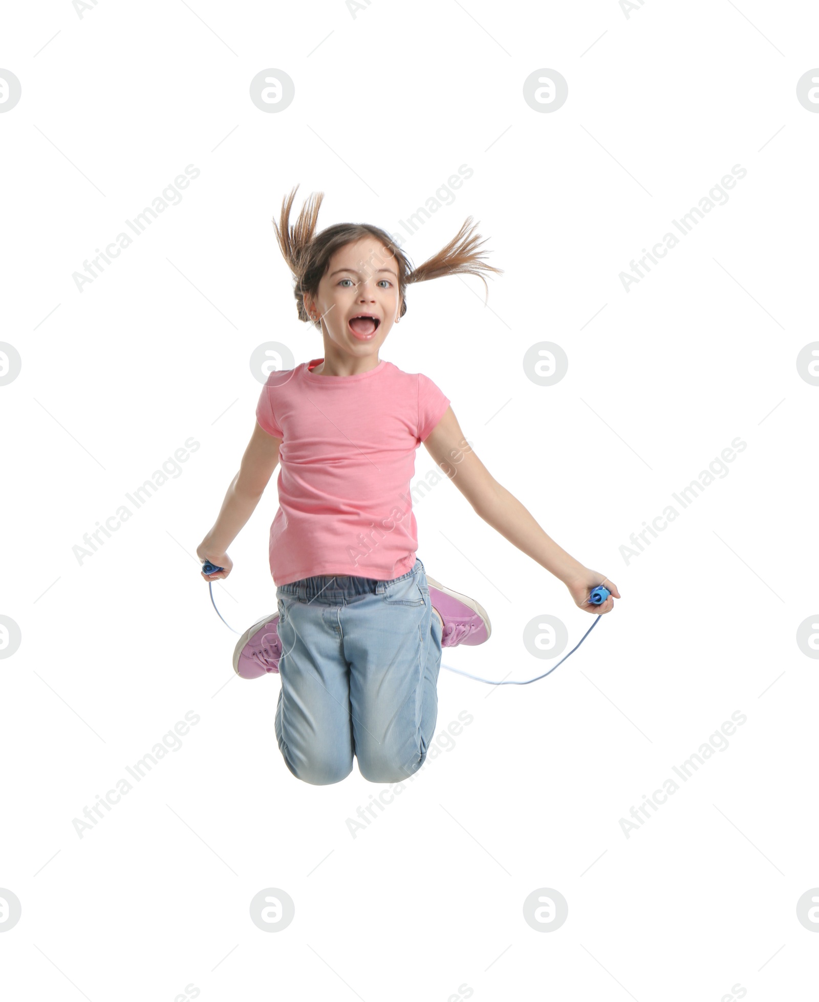 Photo of Cute little girl with jump rope on white background