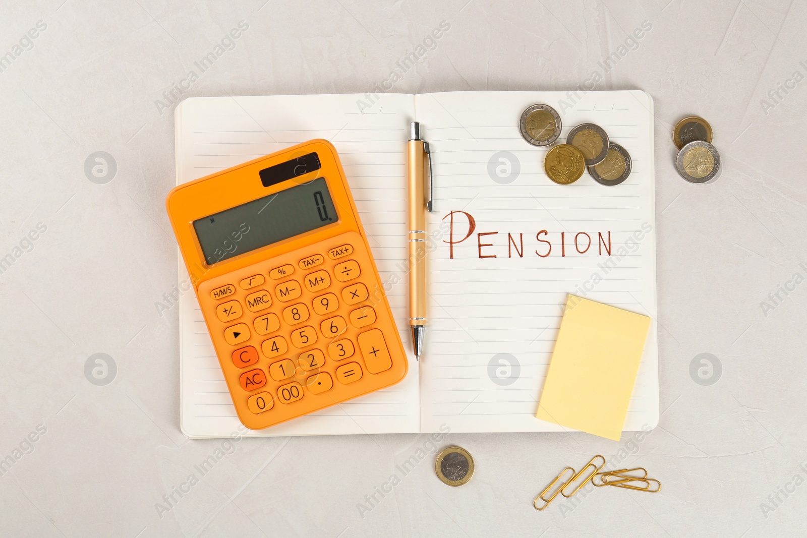 Photo of Calculator, notebook with word Pension, pen, coins, sticky note and paper clips on light gray table, flat lay. Retirement concept