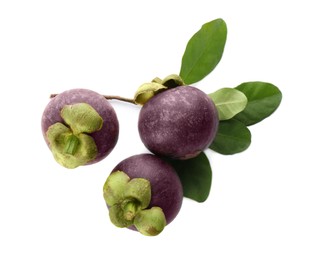 Photo of Fresh mangosteen fruits with green leaves on white background, top view