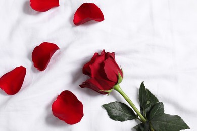 Photo of Honeymoon. Red rose and petals on bed, top view