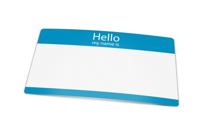 Card with text Hello my name is on white background, illustration. Mockup for design 