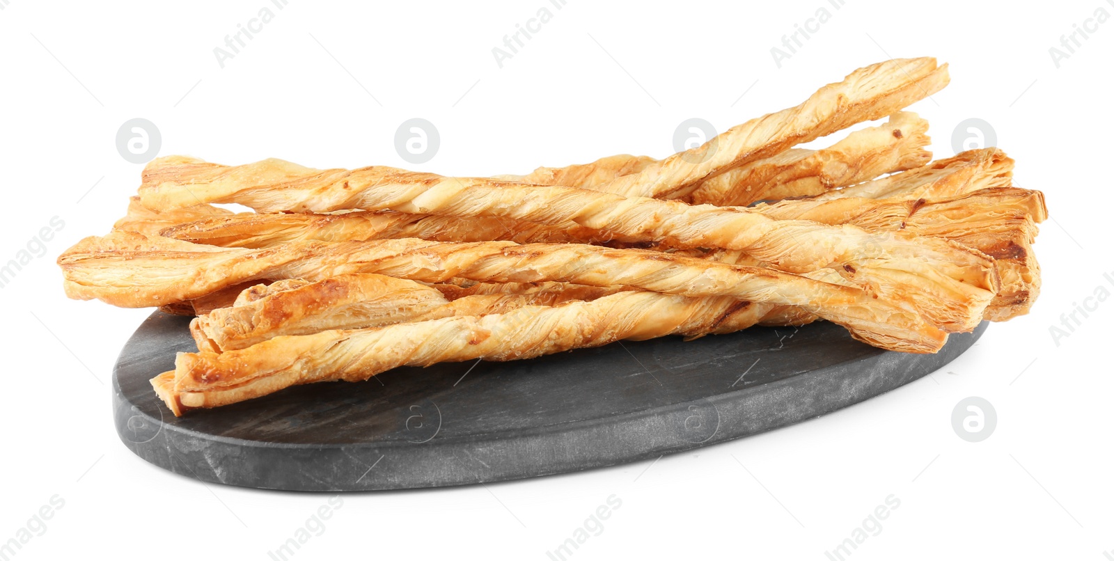 Photo of Delicious grissini isolated on white. Crusty breadsticks