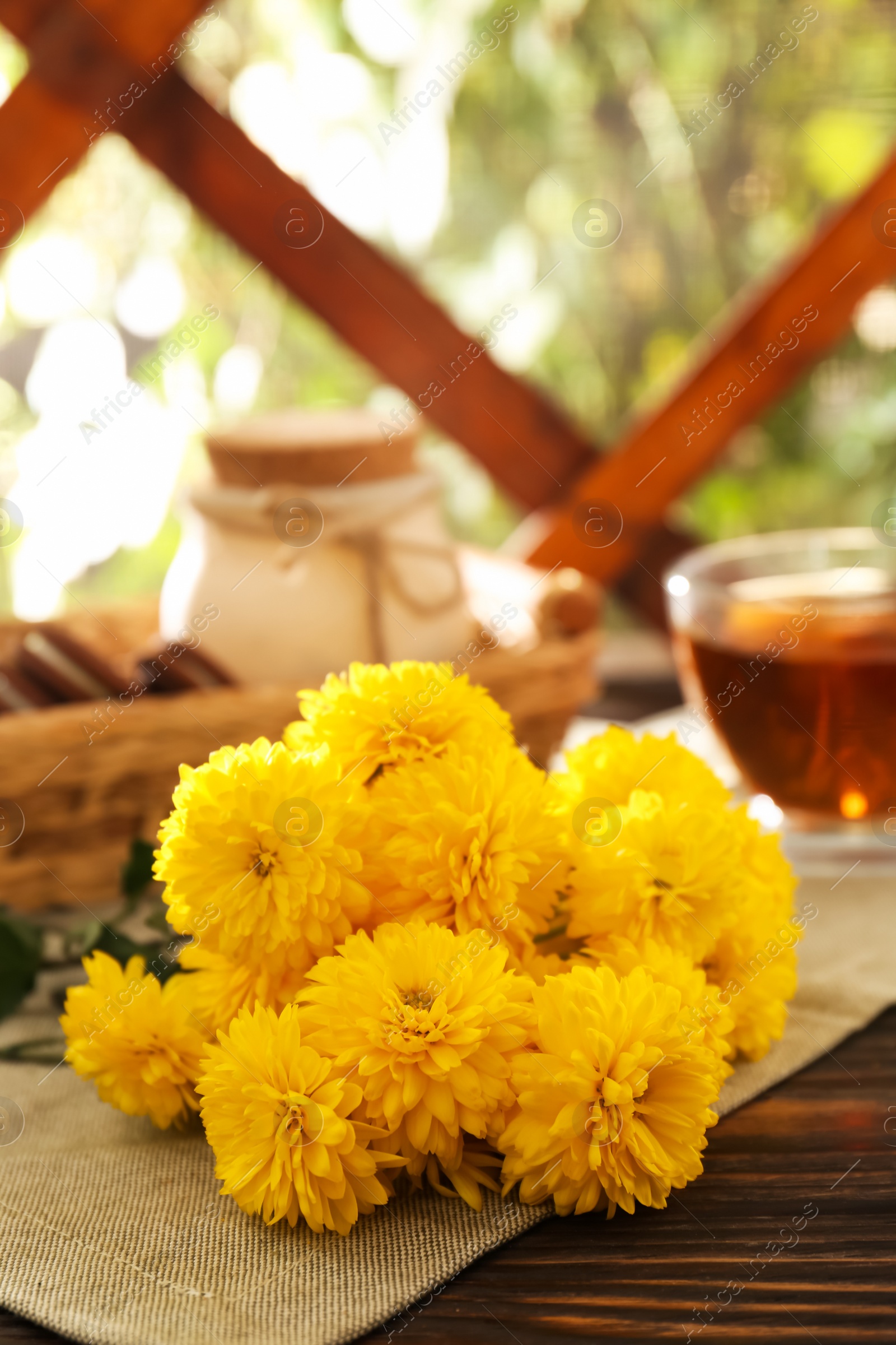 Photo of Beautiful yellow chrysanthemum flowers on wooden table
