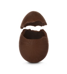 Photo of Broken milk chocolate egg on white background