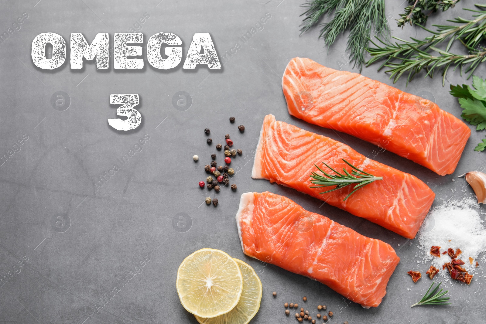 Image of Omega 3. Fresh salmon, herbs and spices on grey table, flat lay