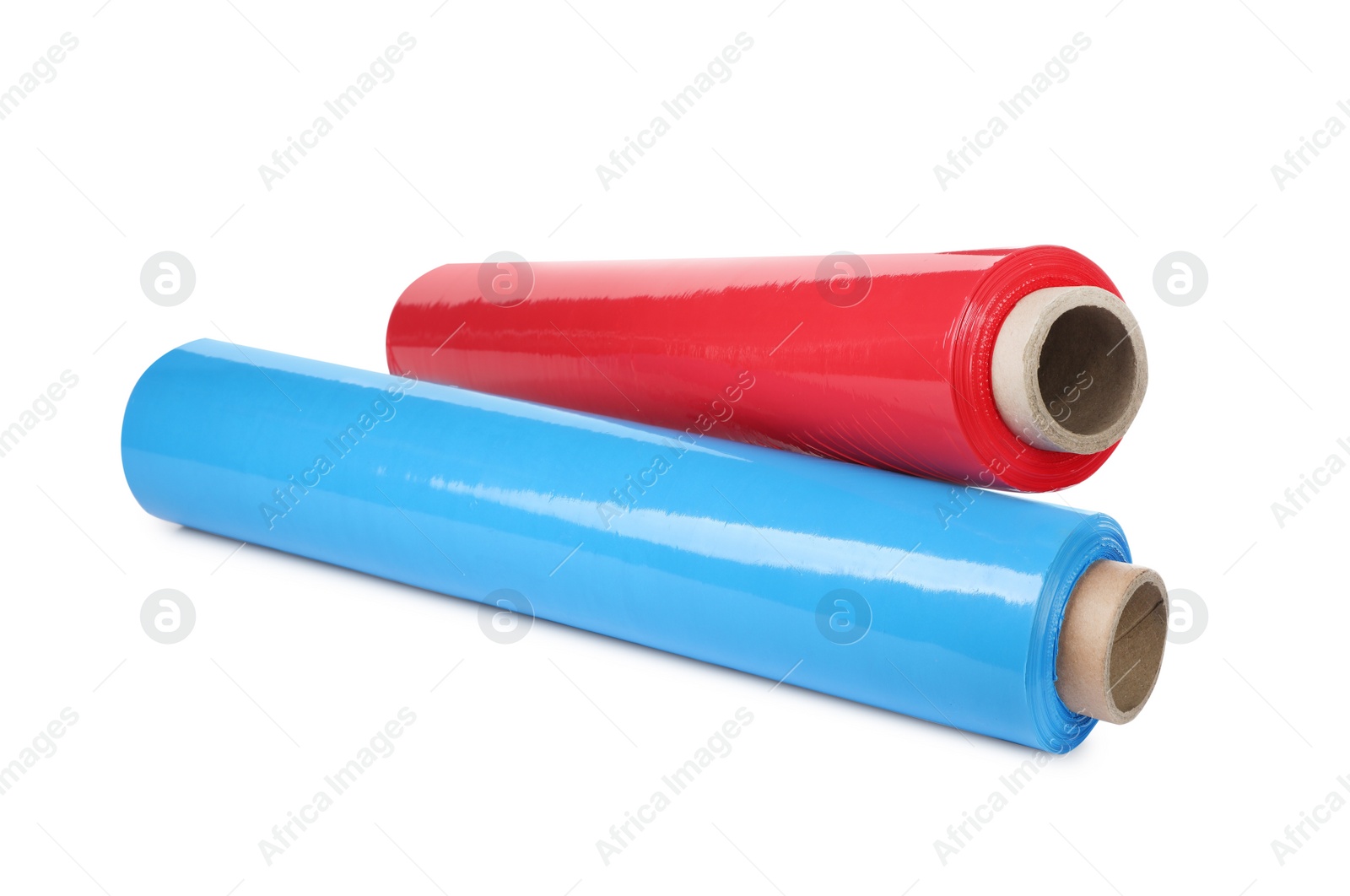 Photo of Different plastic stretch wrap films on white background