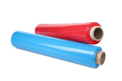 Photo of Different plastic stretch wrap films on white background