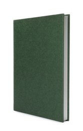 Photo of Closed book with green hard cover isolated on white