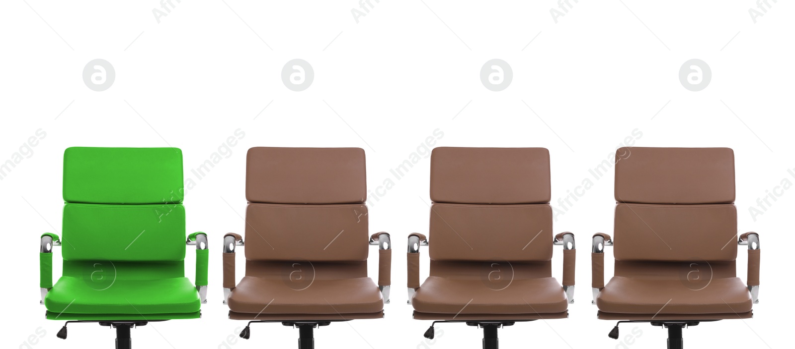 Image of Vacant position. Green office chair among brown ones on white background, banner design