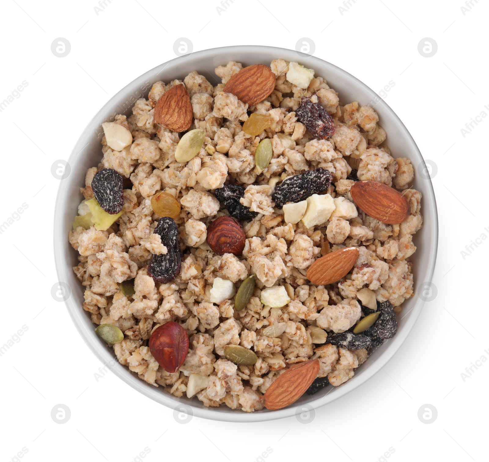 Photo of Granola in bowl on white background, top view. Healthy snack