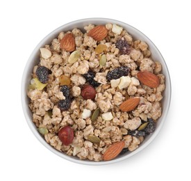 Granola in bowl on white background, top view. Healthy snack