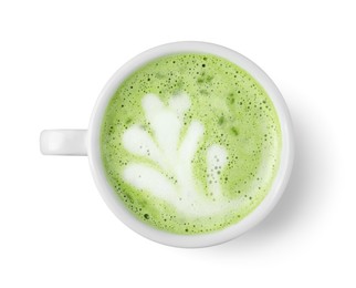 Photo of Cup of fresh matcha latte isolated on white, top view