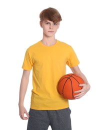 Photo of Teenage boy with basketball ball on white background