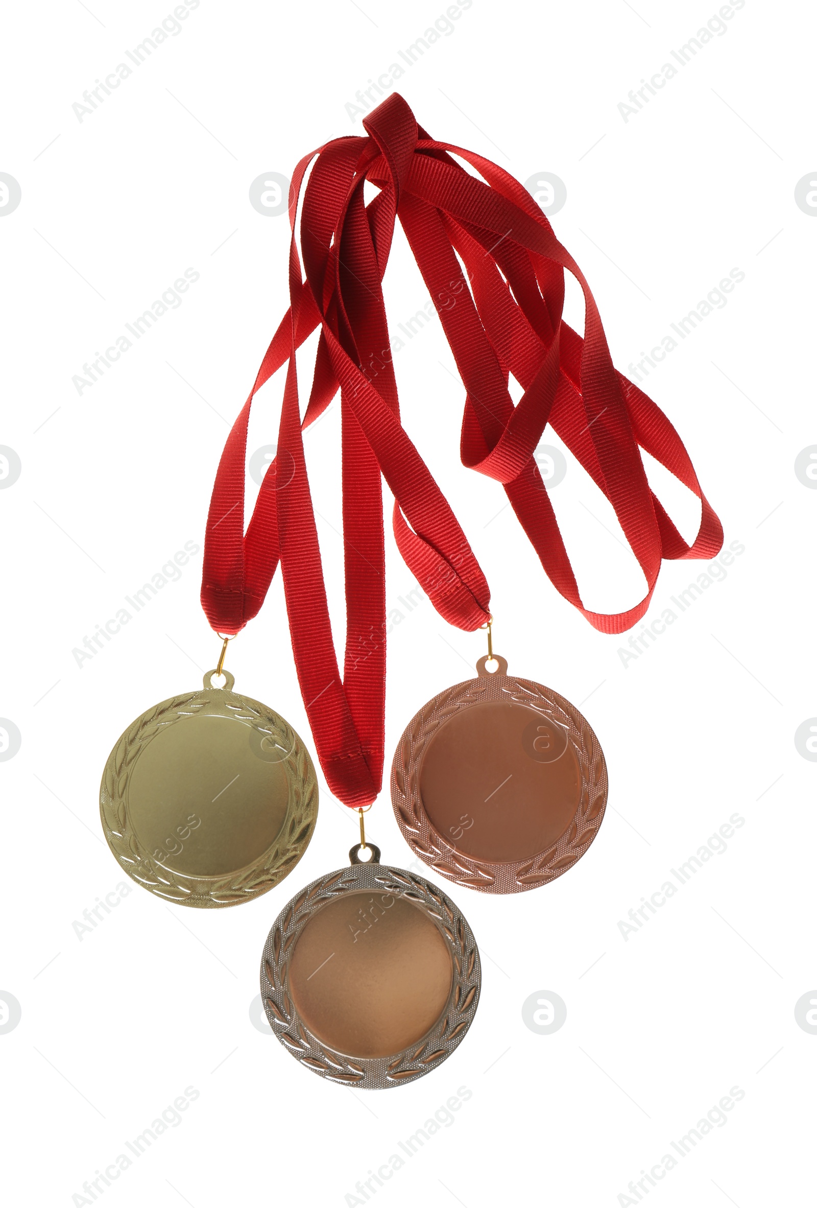 Photo of Gold, silver and bronze medals isolated on white. Space for design