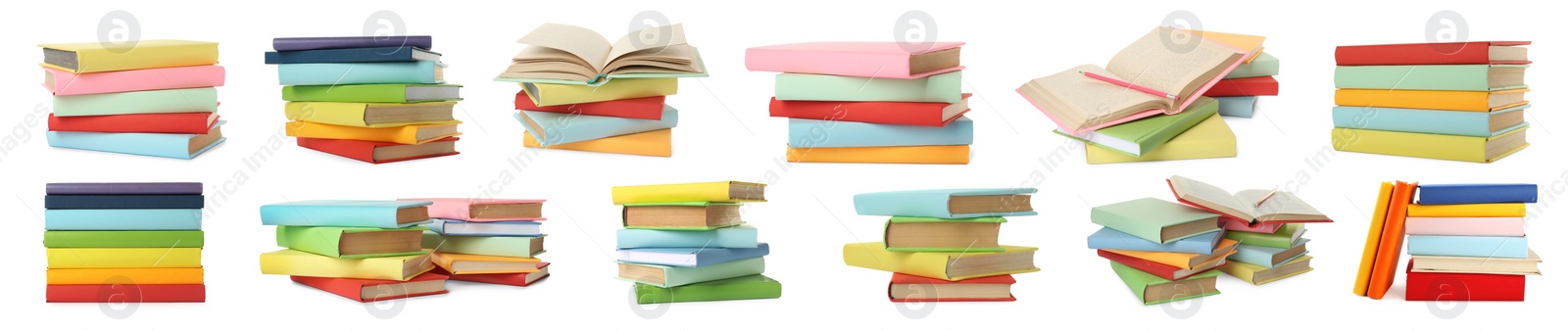 Image of Collection of different hardcover books on white background. Banner design