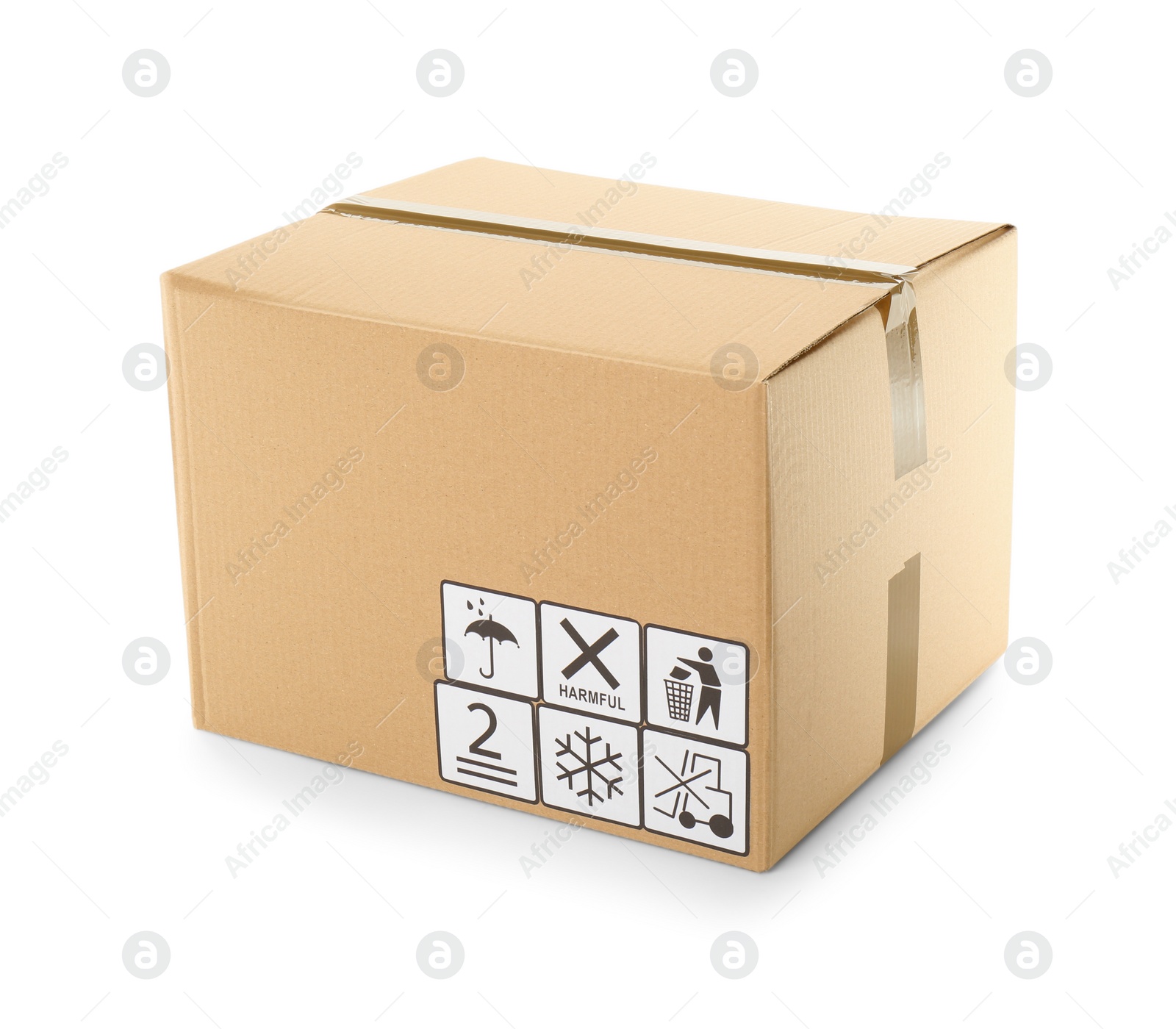 Photo of Cardboard box with different packaging symbols isolated on white. Parcel delivery