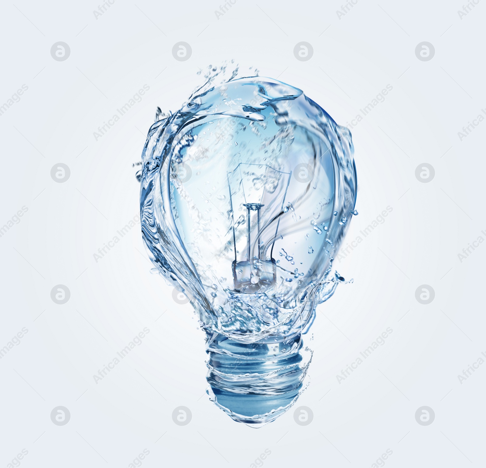 Image of Light bulb with water splashes on light background. Alternative energy source