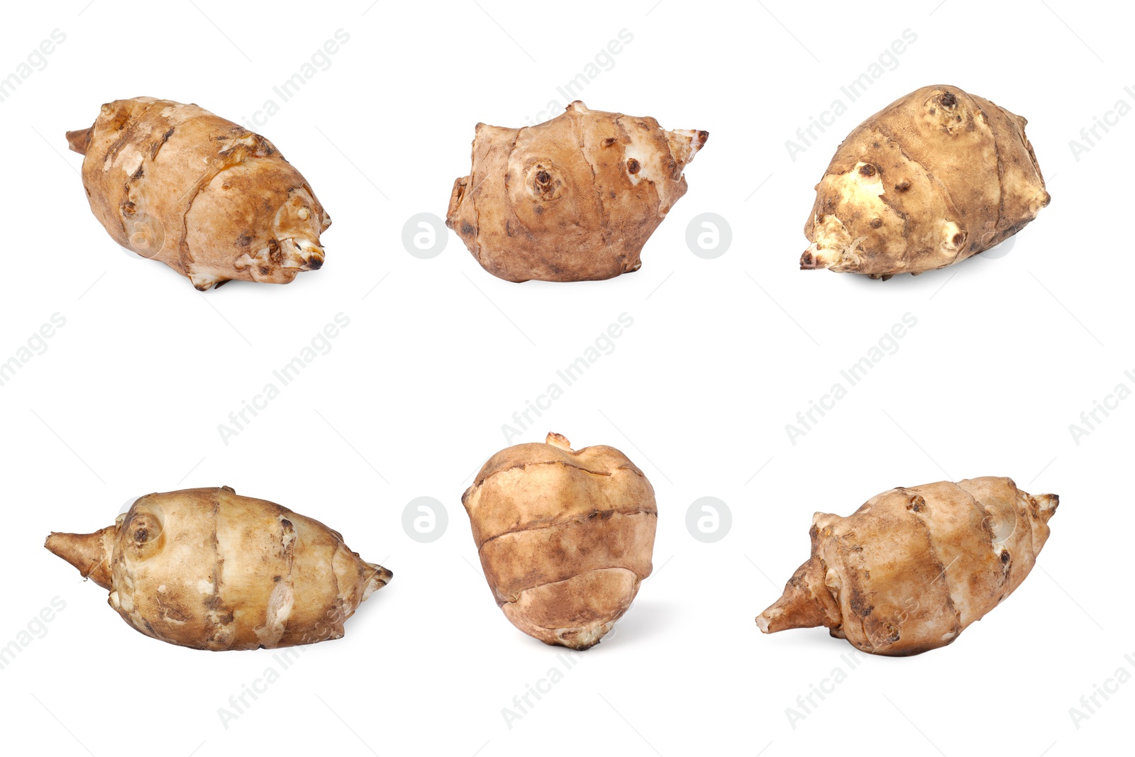 Image of Collage with Jerusalem artichokes on white background