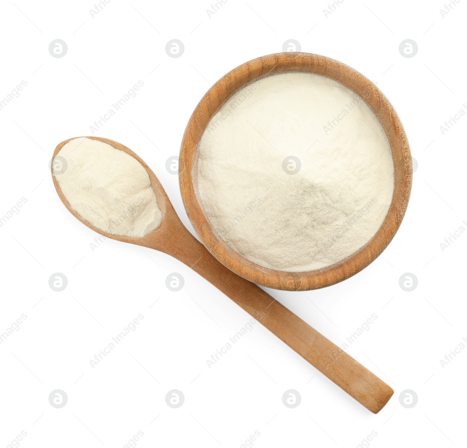 Photo of Wooden bowl and spoon of agar-agar powder on white background, top view