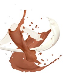 Image of Splashes of chocolate milk and ordinary one mixing together on white background