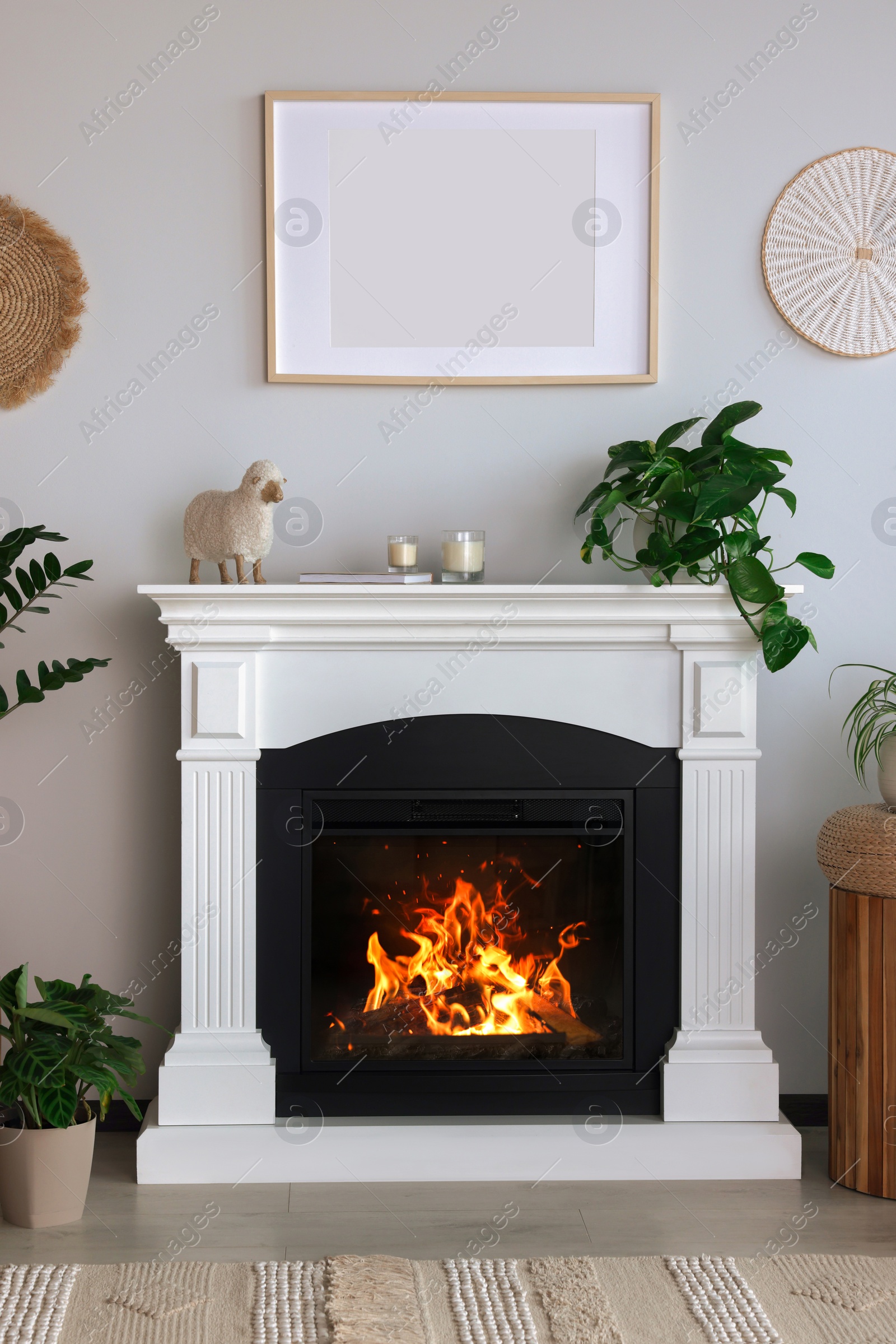 Photo of Beautiful living room interior with fireplace and green houseplants