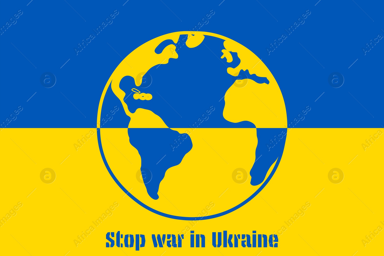 Illustration of Stop war in Ukraine. Phrase, illustration of Earth globe and Ukrainian flag