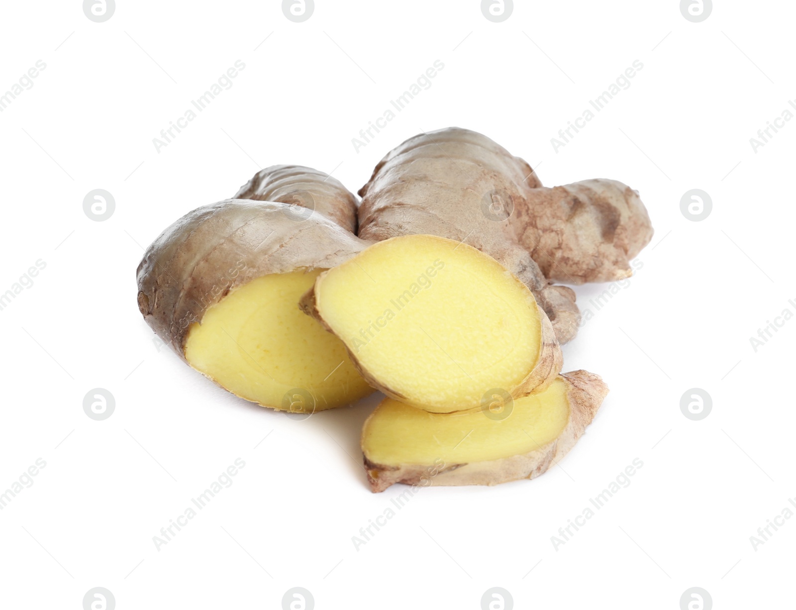 Photo of Cut fresh ginger root isolated on white