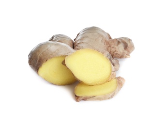 Photo of Cut fresh ginger root isolated on white