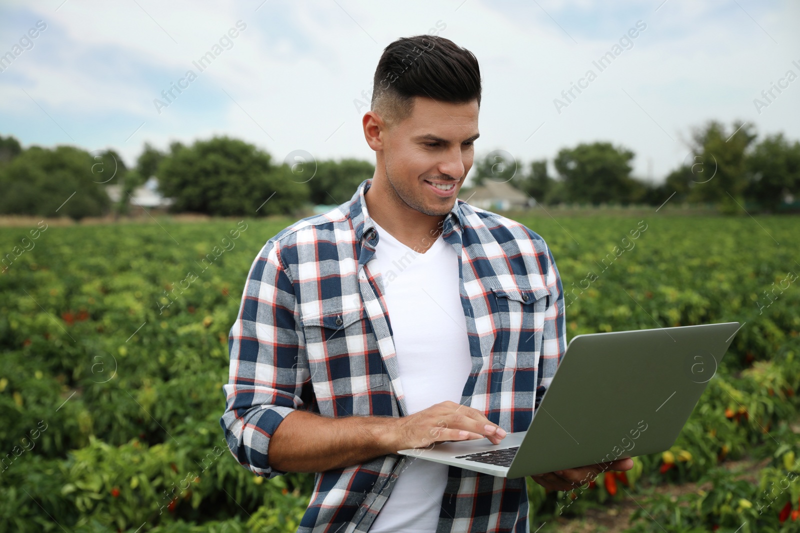 Photo of Man with laptop in field. Agriculture technology