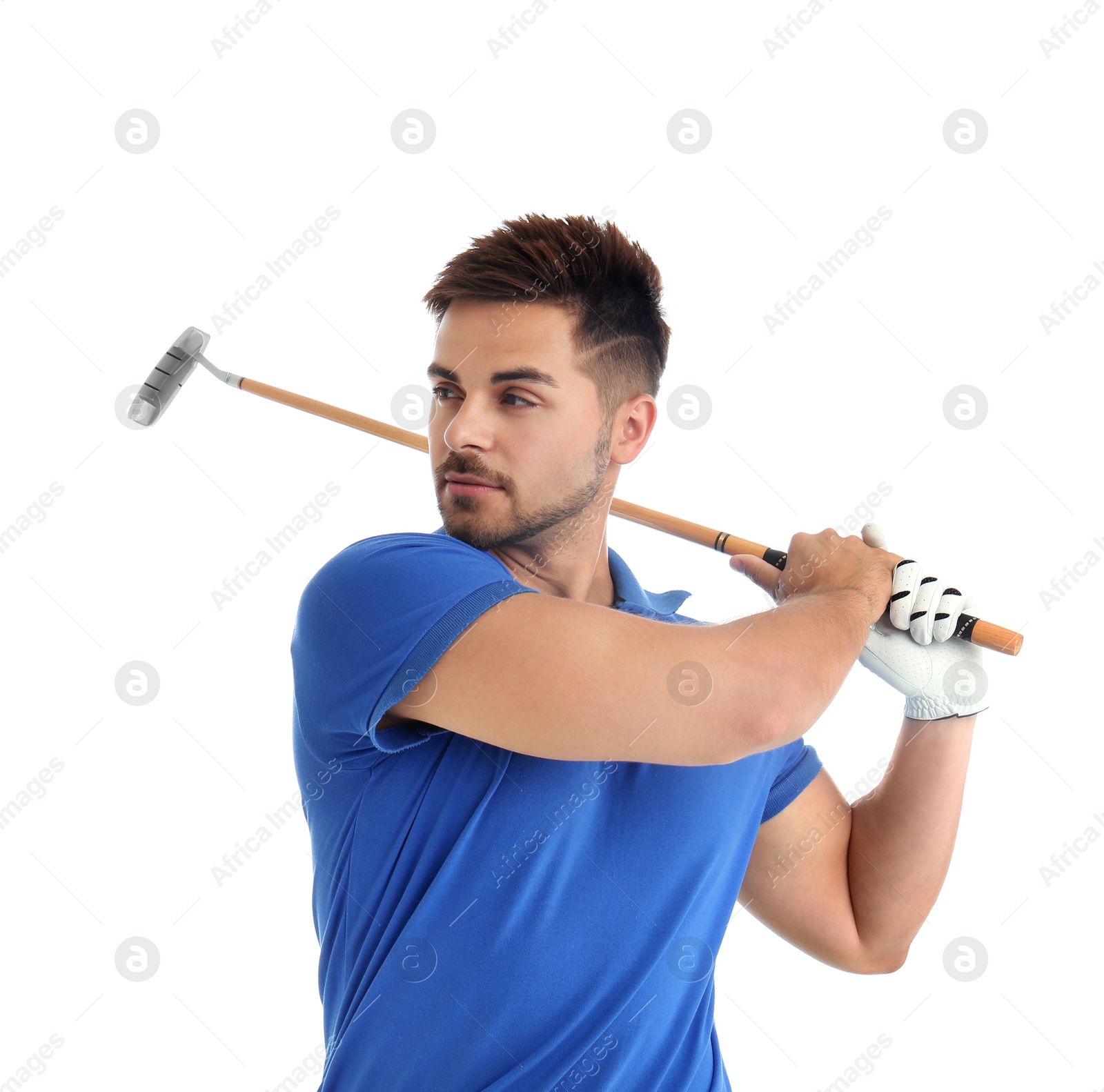 Photo of Young man playing golf on white background