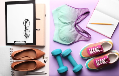 Flat lay composition with business supplies and sport equipment on color background. Concept of balance between work and life