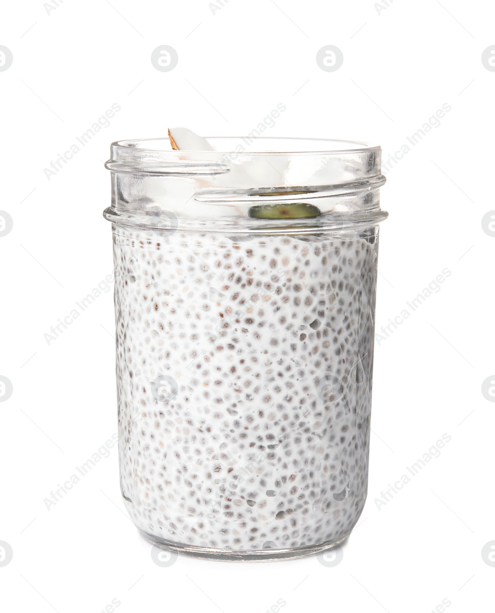 Photo of Jar of tasty chia seed pudding with coconut isolated on white