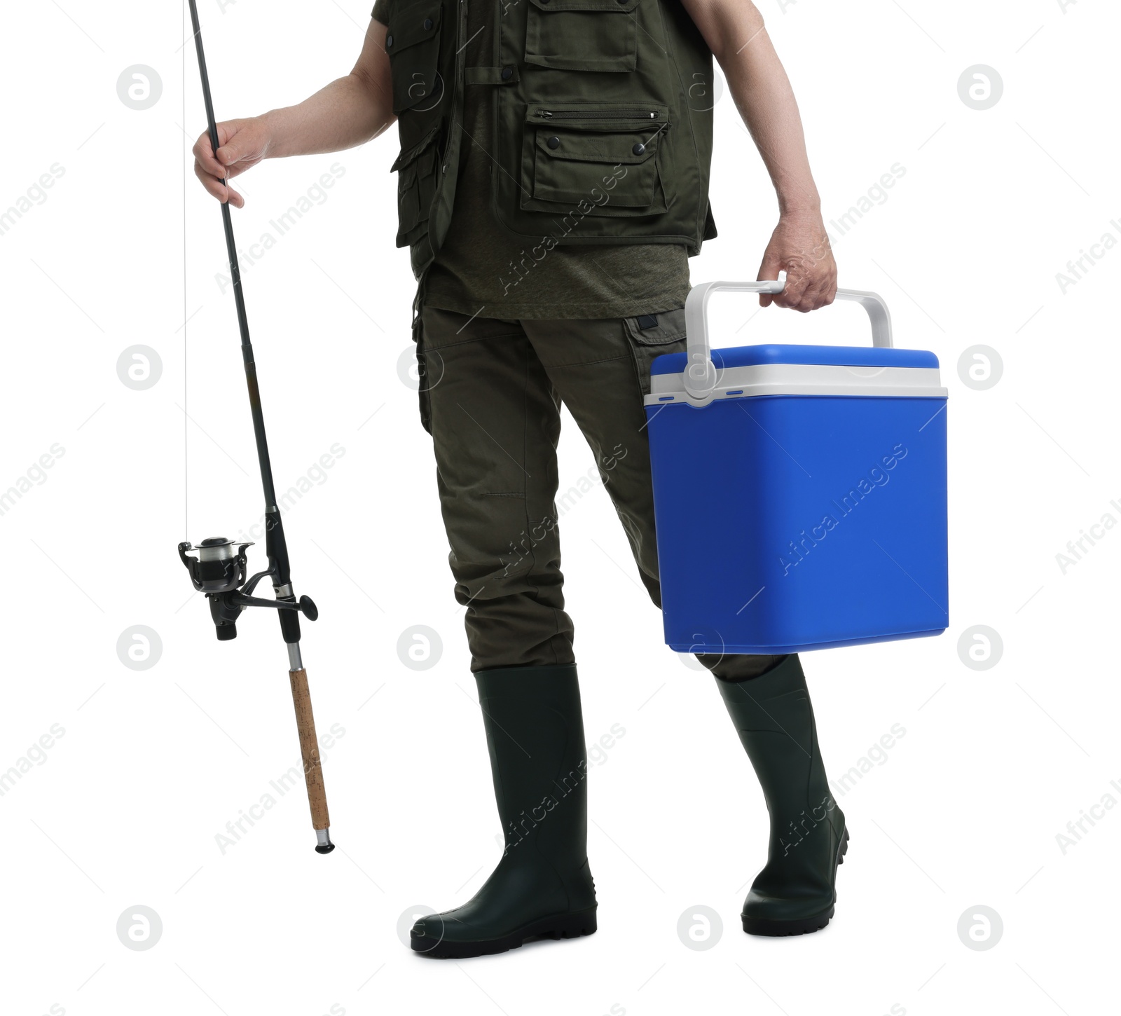 Photo of Fisherman with fishing rod and cool box isolated on white, closeup