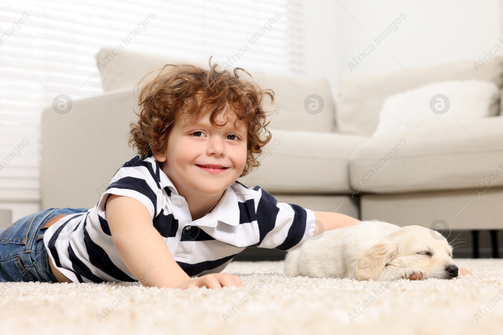 Photo of Little boy with cute puppy on beige carpet at home