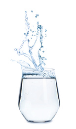 Water splashing out of glass on white background. Refreshing drink