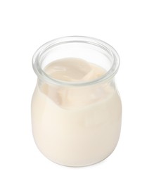 Photo of Mayonnaise in glass jar isolated on white