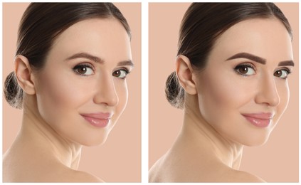 Image of Beautiful young woman before and after permanent makeup on pink background, collage