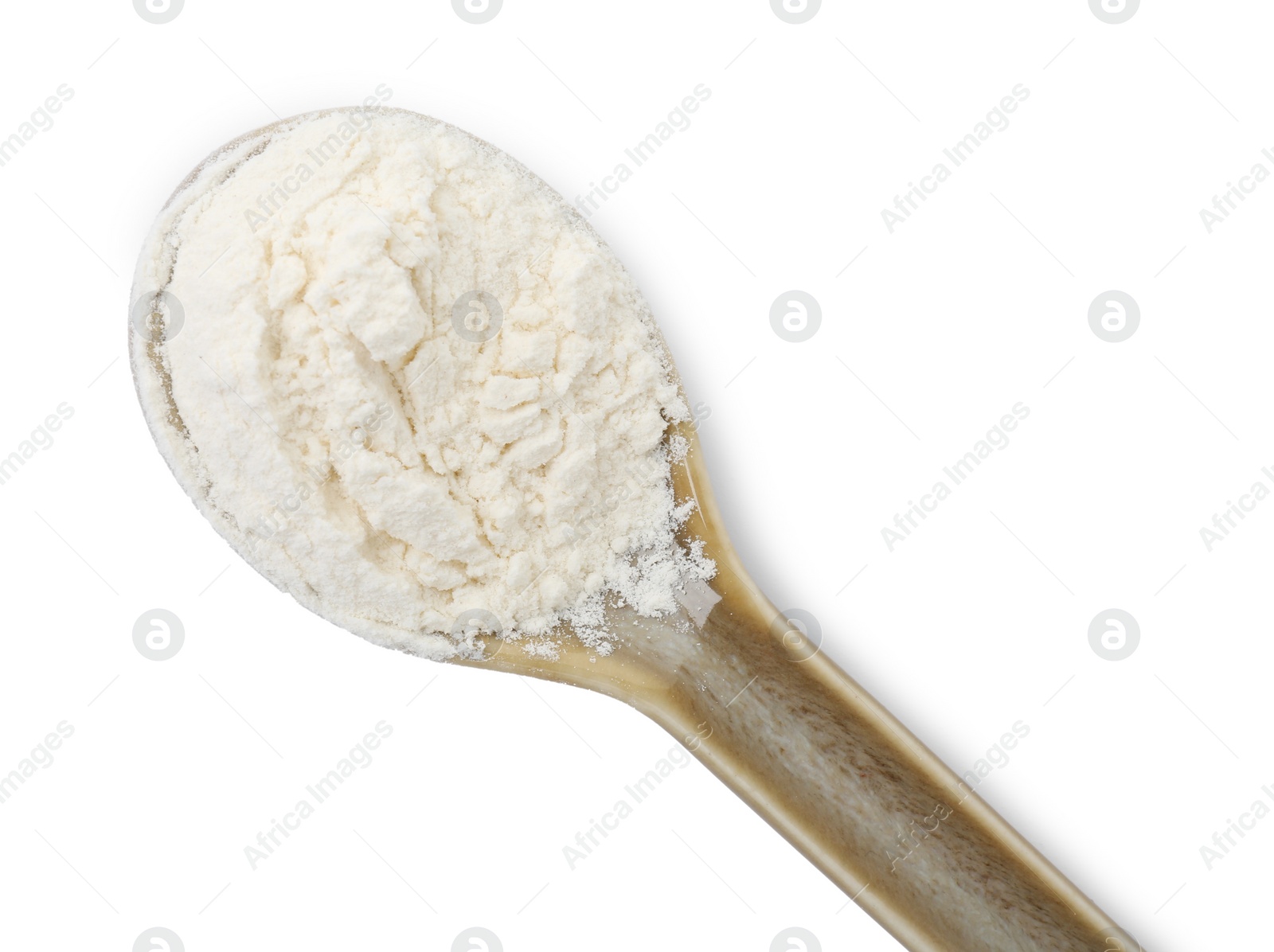 Photo of Baking powder in spoon isolated on white, top view