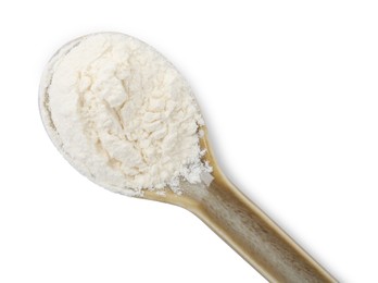 Photo of Baking powder in spoon isolated on white, top view