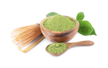 Bamboo whisk, bowl and spoon with green matcha powder isolated on white