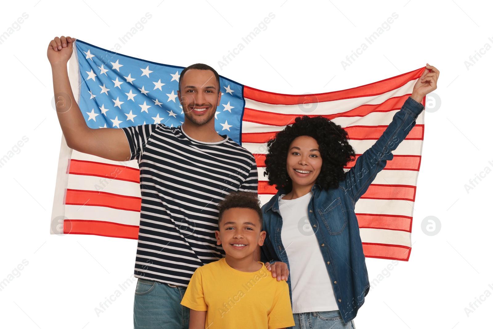 Photo of 4th of July - Independence Day of USA. Happy family with American flag on white background