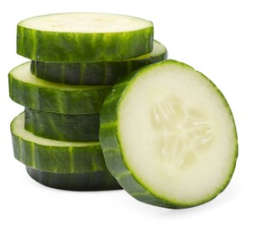 Stack of fresh cut cucumber isolated on white